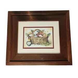 Vintage Laurie Korsgaden Bath Gift Basket Print #1 Matted Brown Wood Frame 14x12
